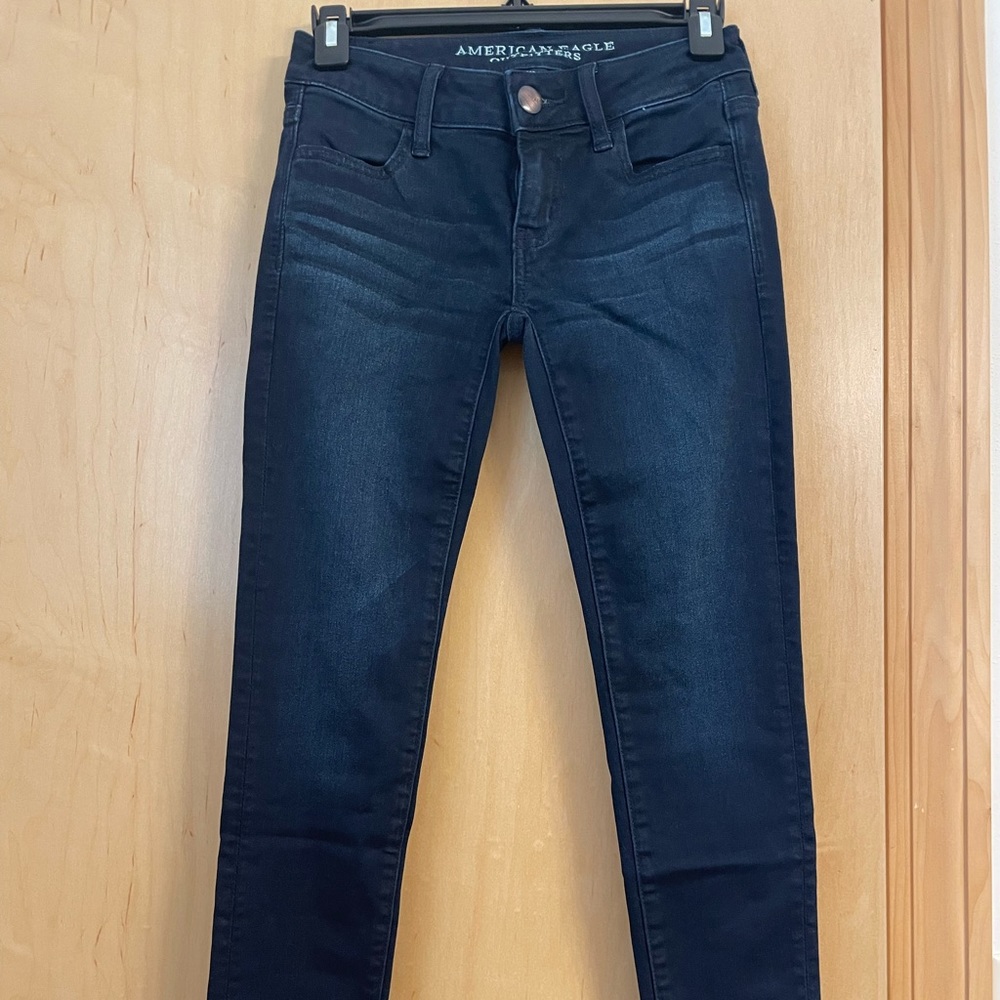American Eagle AEO denim, super stretch denim, super low jegging. Size: 0 short.
